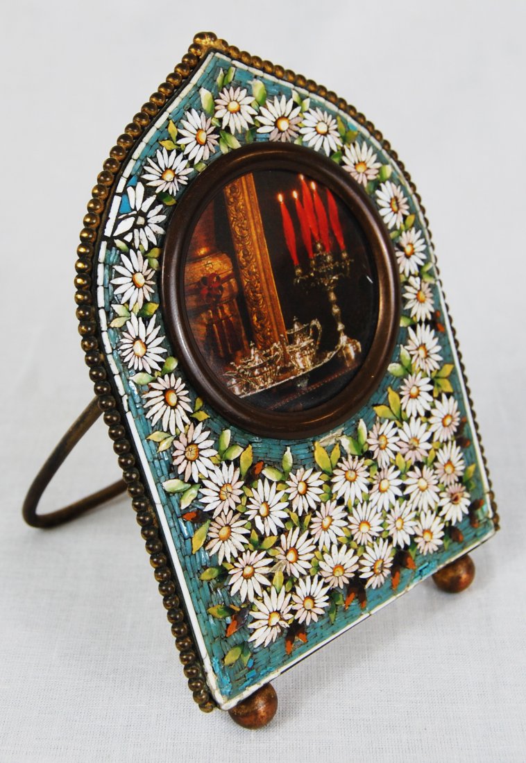 Victorian Micro Mosaic Floral Picture Frame: DESCRIPTION: Victorian micro mosaic picture frame. The whole front of the piece features finely placed micro mosaic tiles with a floral motif. For it's age, this mosaic frame is in pristine condition.