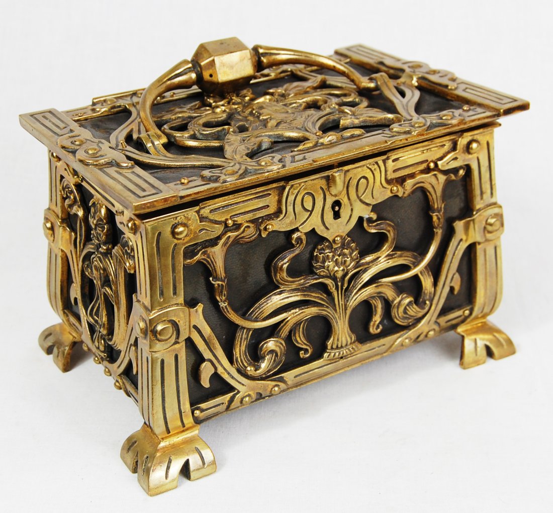 Art Nouveau Bronze & Leather Jewelry Box