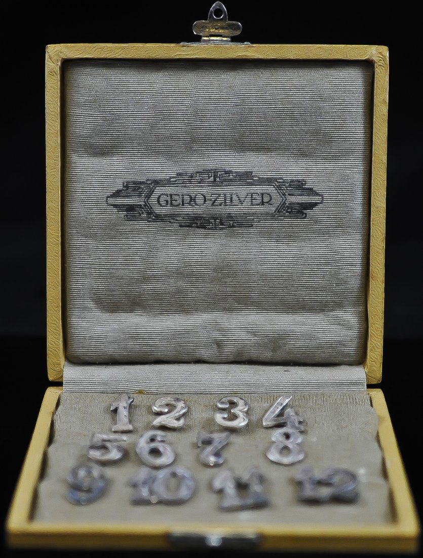 Art Deco Continental Gero Silver Numbers: DESCRIPTION: Unusual and lovely art deco twelve piece continental Gero sterling silver numbers "one - twelve" that are used for place numbers at a table or place numbers for drinks. All numbers are in
