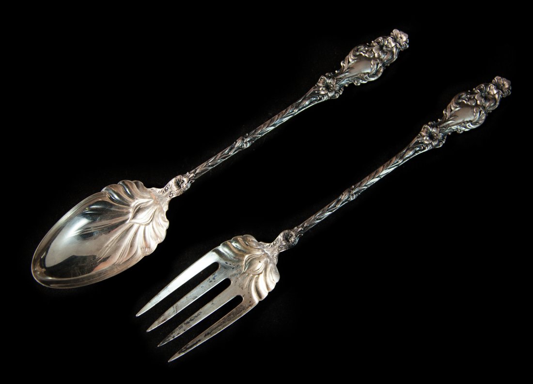 Sterling Silver Salad Set: DESCRIPTION: Gorgeous sterling silver salad serving fork and spoon with a floral motif, hallmarked on the stem "Sterling" with the tradiitional 20th century mark on both utensils weighint 248 grams. C