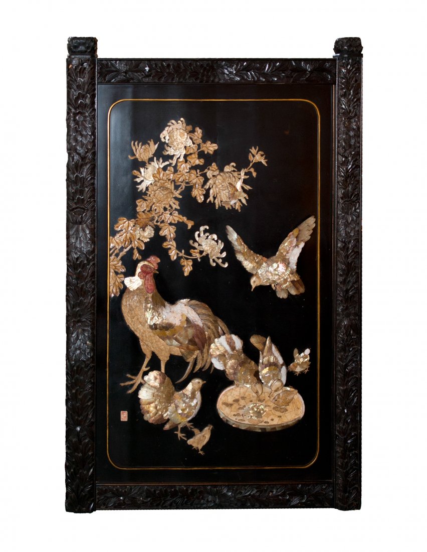 Chinese Stone & Ivory Plaque: DESCRIPTION: Large rosewood plaue carefully hand carved with floral designs along the frame. Within the frame lays soapstone, ivory and mother of pearl depicting an array of birds. damage throughout t