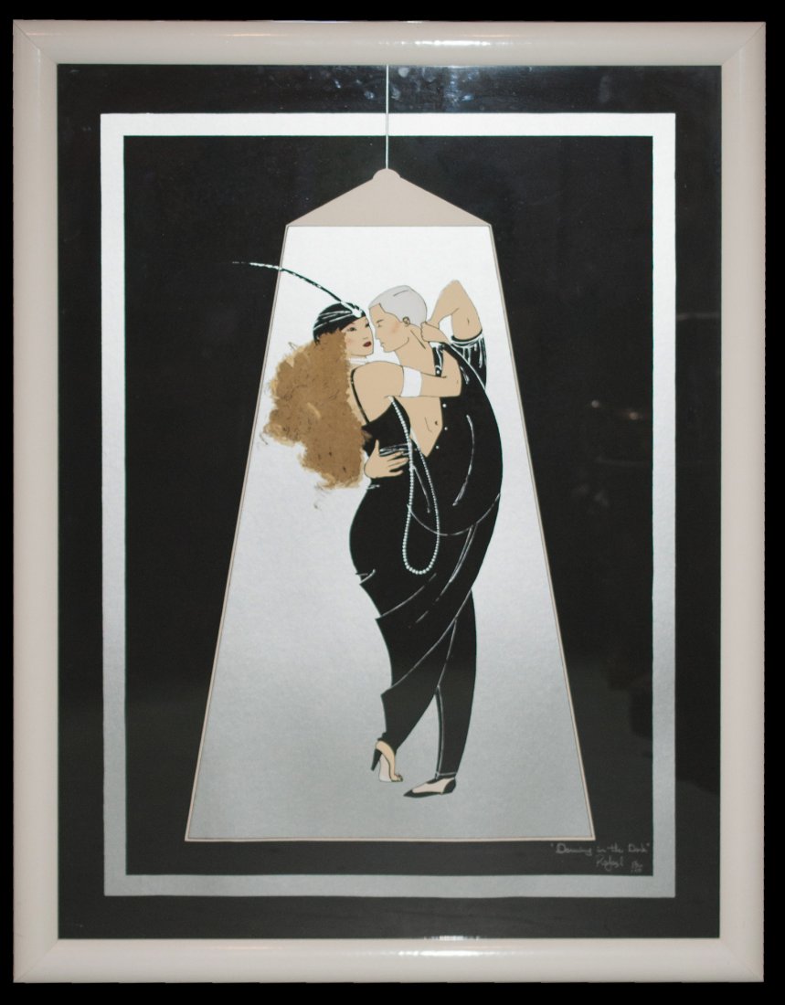 "Dancing In The Dark" Serigraph: DESCRIPTION: "Dancing in the dark" serigraph by Rafael Leva features a dancing couple surrounded by a black background with a stream of light dawning over them. Signed "Rafael" "1985" and "12/250" CIR