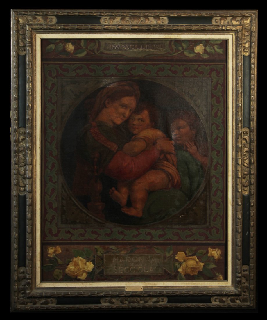 "Madonna Della Seggiola" Oil Painting: DESCRIPTION: A large painting by a student of Raphael, this gorgeous painting features Mary, Jesus Christ (held by Mary) and John the Baptist (in the background). Unlike the original, this painting fe