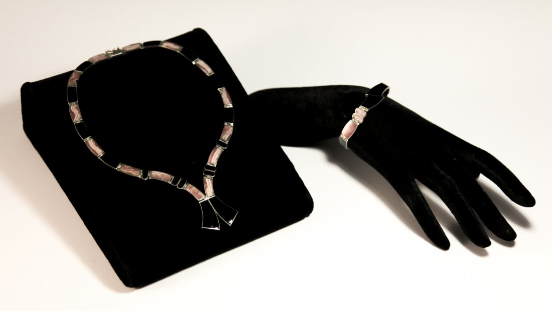 Silver Onyx & Pink Opal Set: DESCRIPTION: 950 Silver necklace and bracelet features alternating onyx and pink opal stones. closes with a clasp latch, Marked on the back "950" CIRCA: Mid to late 20th Ct. ORIGIN: France DIMENSIONS: