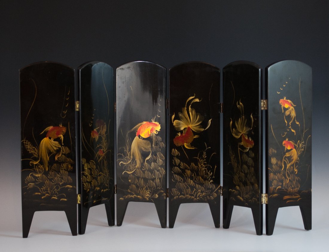 Chinese Mother Of Pearl Screen: DESCRIPTION: A 6 paneled Chinese laqurered hand-painted wooden panel with floral and nature designs. On one side there are hand-painted pictures of goldfish in orange and gold. On the other side there