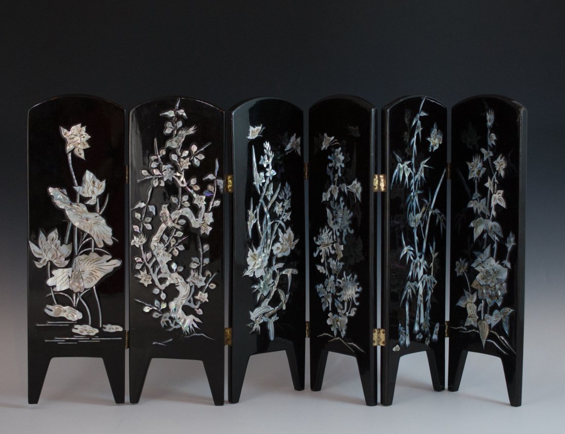 Chinese Mother Of Pearl Panel Screen: DESCRIPTION: A 6 paneled Chinese laqurered hand-painted wooden panel with floral and nature designs. On one side there are hand painted birds, butterflies and dragons in gold, green, and red. On the o