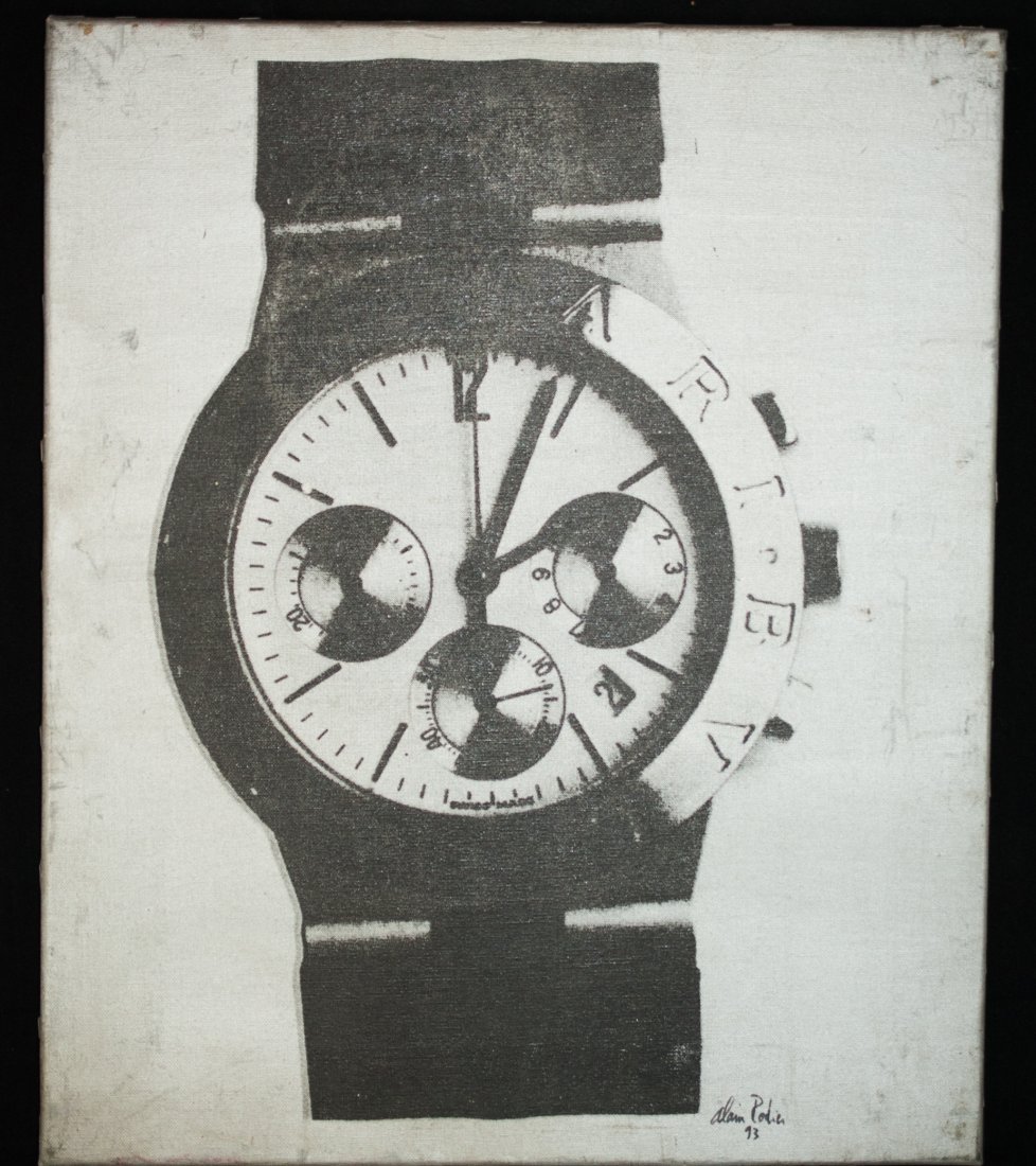 "Bvlgari" Watch Painting: DESCRIPTION: An acrylic painting on canvas of a Bvlgari wrist watch on a silver background. The watch's shadows are the only thing painted in black and you can see the numbers and the branding on the 