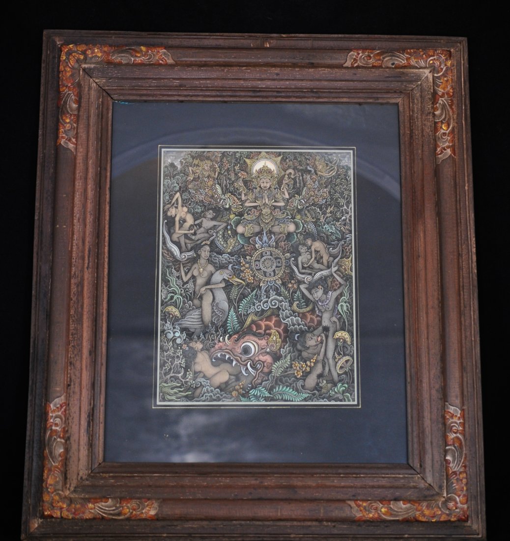 Balinese Erotic Painting: DESCRIPTION: Balinese painting on paper of a erotic multi-figural scene in a carved vintage wooden frame. Signed on lower right "KT. MURTIRA" & " BOITUDN BALI" CIRCA: Unknown ORIGIN: Indonesia DIMENSI