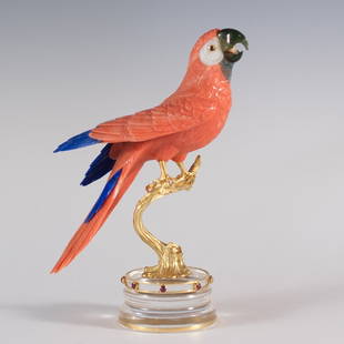 Erwin Klein Coral & Gold Parrot: DESCRIPTION: Hardstone Parrot carved by Erwin Klein oftenly crafted for Vacheron Constantin. The figure realistically carved features 18k gold legs with the body crafted with a composition of hardston