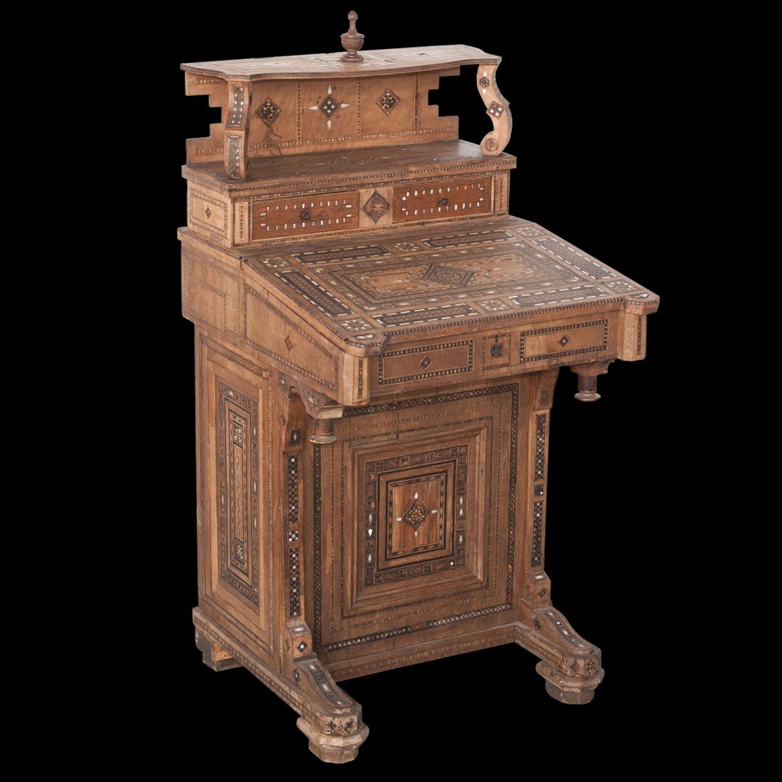 Syrian Wooden Desk: DESCRIPTION: A fine example of Syrian Furniture. The art of intarsia and carving in wood requires great discipline and gift. It starts by choosing high quality well dried (aged) walnut wood, the wood 