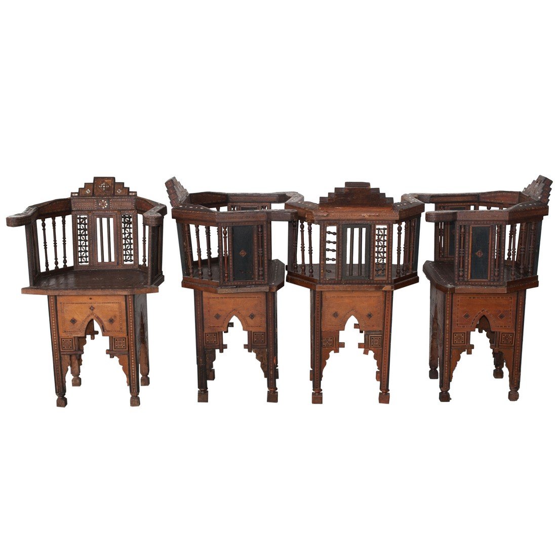 Syrian Wooden Chair Set: DESCRIPTION: A fine example of Syrian Furniture features . The art of intarsia and carving in wood requires great discipline and gift. It starts by choosing high quality well dried (aged) walnut wood,