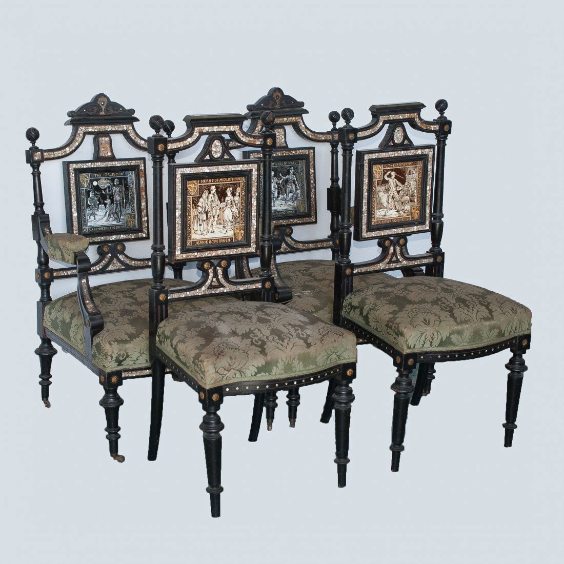 Moyr John Smith Chair Set: DESCRIPTION: Set of four chairs, two arm chairs and two regular crafted by Moyr John Smith (1839-1912). . Edited by Minton China Works. Ceramic Tile, blackened wood, brass nets, pearl inlay Paris, Mus