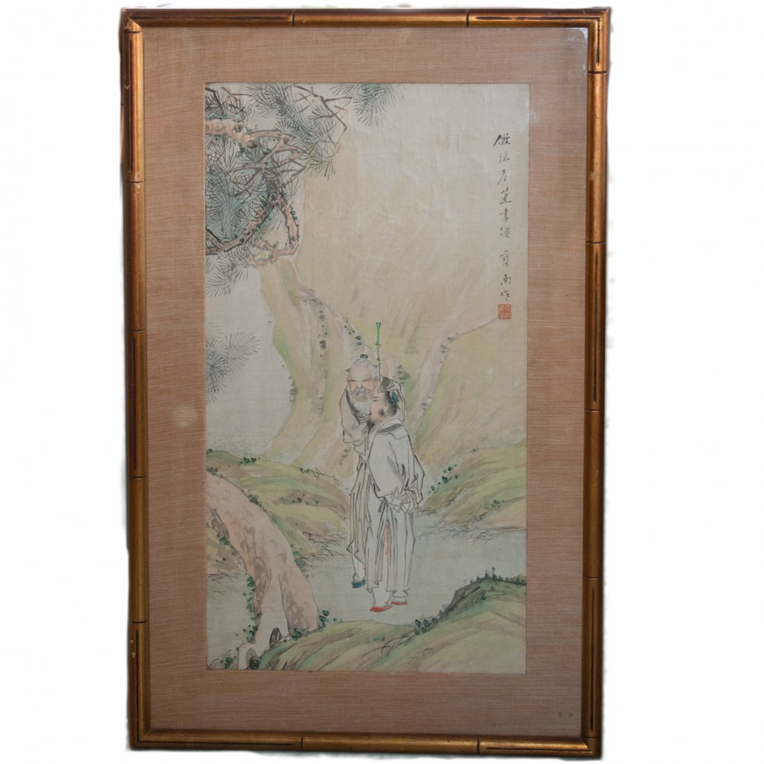 Chinese Watercolor On Silk Painting: DESCRIPTION: Watercolor on silk. The painting depicts two wise old men conversing as they walk through the woods. The painting includes a title written in Chinese on the right side with the artist's c