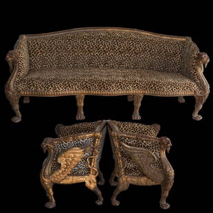 Leopard Fabric & Wood Sofa Set: DESCRIPTION: Pair of leopard print and gilded wooden chairs and sofa. Sides of the chairs and sofa are decorated with gryffin wings and ends of arm rests are finished with the heads of lions. The artf