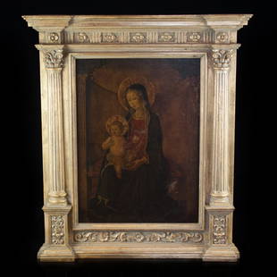 Madonna and Child - Oil on Wood Panel: DESCRIPTION: This oil on wood panel painting depicts the famous Madonna and Child in a unique painting style utilizying red hues. Surrounding this painting is also a unique gilded, greek pillar detail