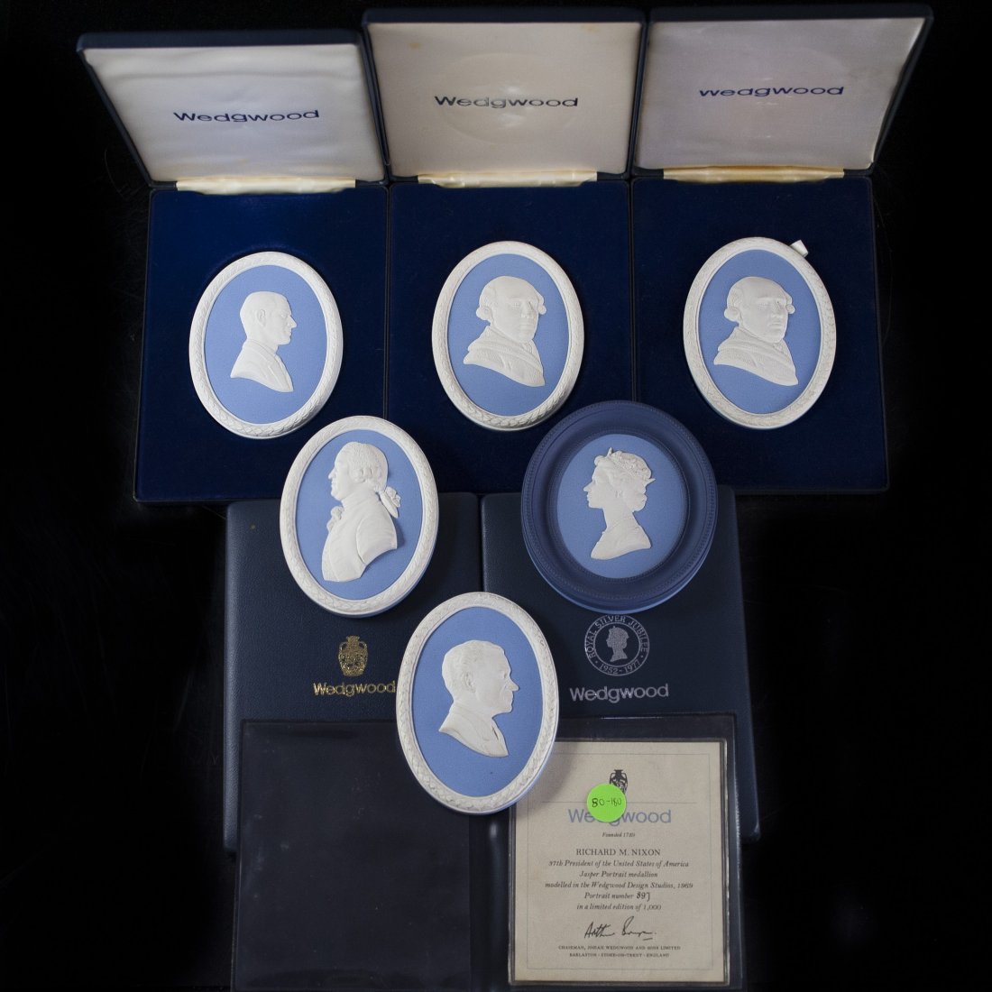 Lot of Limited Edtion Wedgwood Jasperware Cameo: DESCRIPTION:Lot of six limited edition Wedgwood jasperware cameo self portraits. Includes one of Queen Elizabeth II to commemorate the silver jubilee, numbered 1,431 out of 2000. One of Josiah Wedgwoo