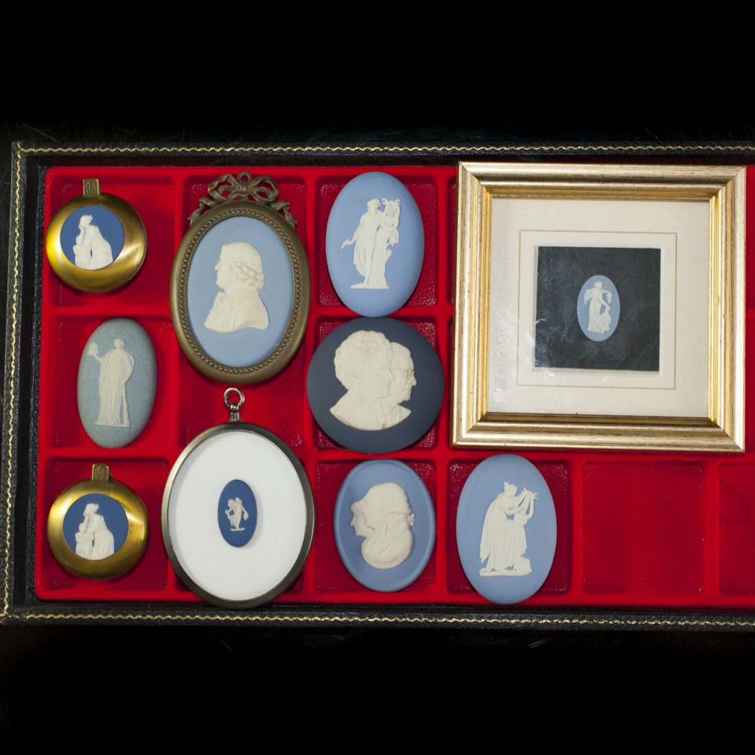 Lot Of Wedgwood Jasperware Medallions: DESCRIPTION:Lot of Wedgwood blue jasperware medallions. Features one medallion dated from the nineteenth century of a man holding a head in left hand,a medallion of Mr. and Mrs. M Buten, a medallion o