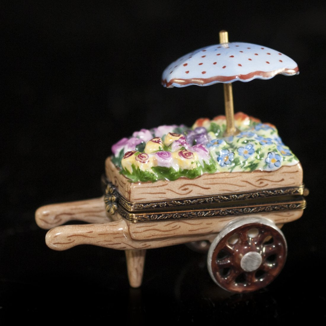 Decor Ceram Porcelain Carriage Pillbox: DESCRIPTION: Decor Ceram porcelain pillbox of a carriage with an umbrella and an array of flowers. Marked on the bottom:"Decor Ceram Limoges France Peint main A.E.G." CIRCA:20th ORIGIN:France DIMENSIO