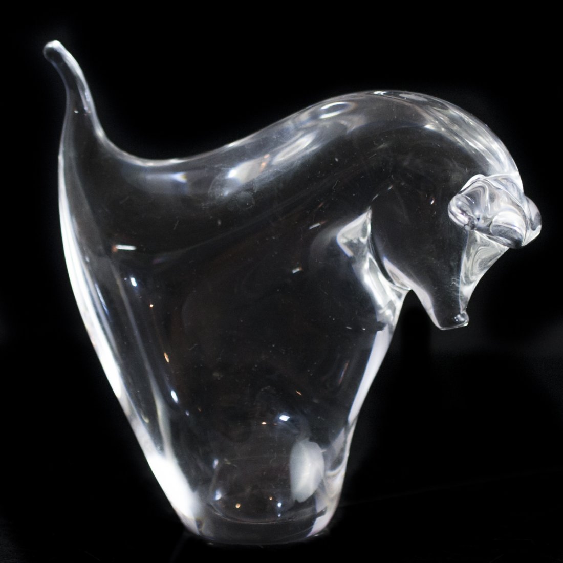 Oggetti Murano Glass Bull: DESCRIPTION:Oggetti Murano glass bull figurine. Features an abstract bull with bowed edges and its head bowing downwards. Marked:"Oggetti" CIRCA:20th ORIGIN:Italy DIMENSIONS:H:6.25" L:6.5"
