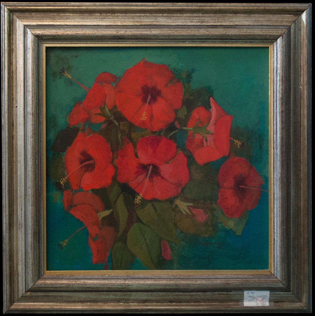 Jean Claude Legagneur (1947-Present) “Red Hibiscus”: DESCRIPTION: This painting depicts a still life of red hibiscus flowers on a simple teal colored background. Signed “Legagneur 72” on the bottom right. CIRCA: 1972 ORIGIN: Haiti DIMENSIONS: 24.25?