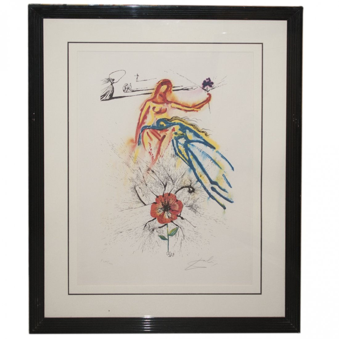Salvador Dali "Alice's Evidence" Lithograph: DESCRIPTION:Salvador Dali lithograph from the Alice in Wonderland series titled: "Alice's Evidence". Features Alice holding up a flower with a woman kneeling down on her legs. Marked with a signature
