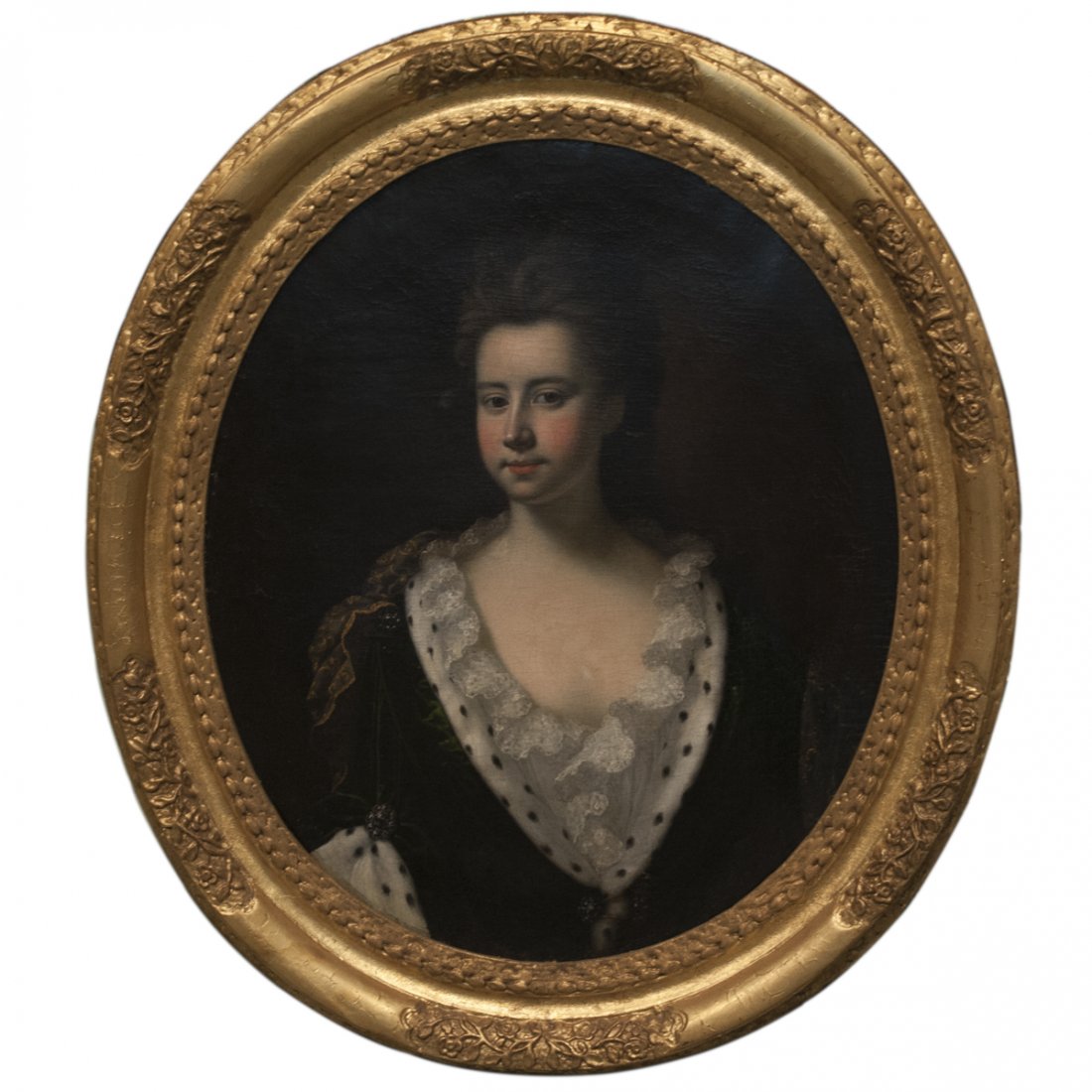 Antique Oil on Canvas Painting: DESCRIPTION:Antique oil on canvas painting of a portrait rendering a beautiful young woman in regal clothing posing with blushed cheeks a dimly lit backdrop. Has an illegible red wax seal on the frame