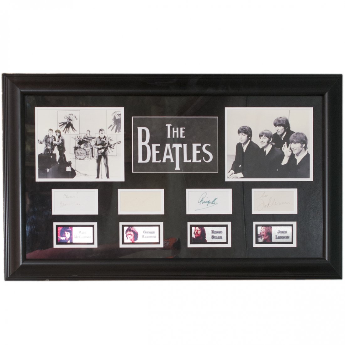 Framed Complete The Beatles Signatures: DESCRIPTION:Possible completed set of signatures of The Beatles featuring possible signatures from Paul McCartney, George Harrison, Ringo Starr, and John Lennon. Below each signature is a plaque with