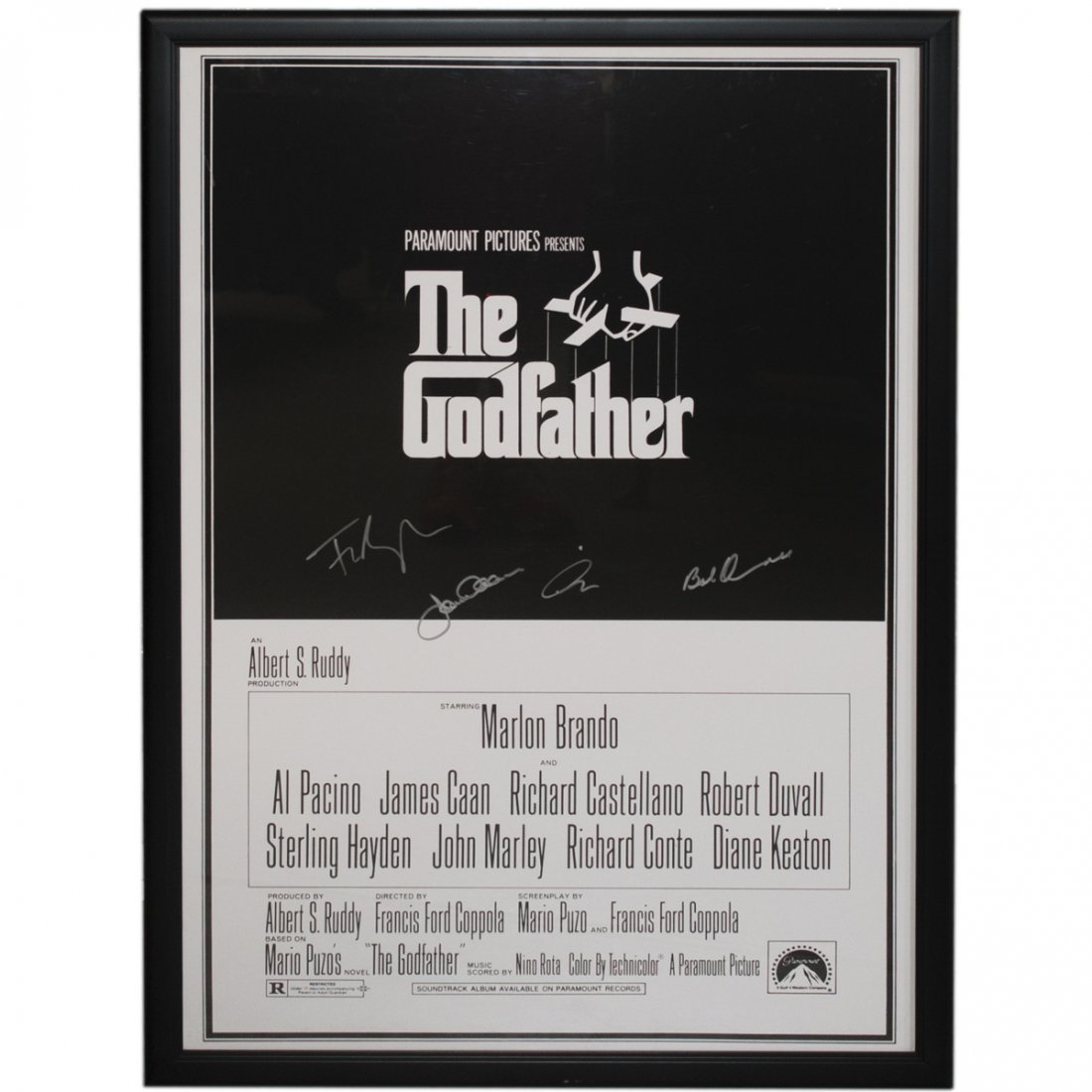 Signed "The Godfather" Poster: DESCRIPTION:Signed poster from the film "The Godfather". Signed by Robert Duvall, Al Pacino, James Caan, and one unidentifiable signature. CIRCA:20th Ct. ORIGIN:USA DIMENSIONS:With Frame: H:41.25" L:2