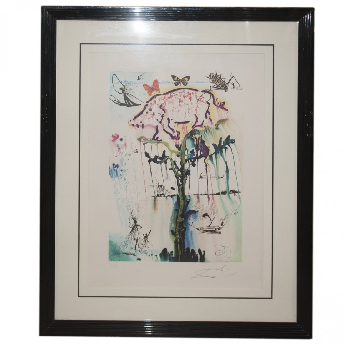 Salvador Dali "Pig & Pepper" Lithograph: DESCRIPTION:Salvadore Dali lithograph titled:"Pig and Pepper" from the alice in Wonderland series. Features a scene from alice in Wonderland with a woman with a jump rope along the top, butterflies, a