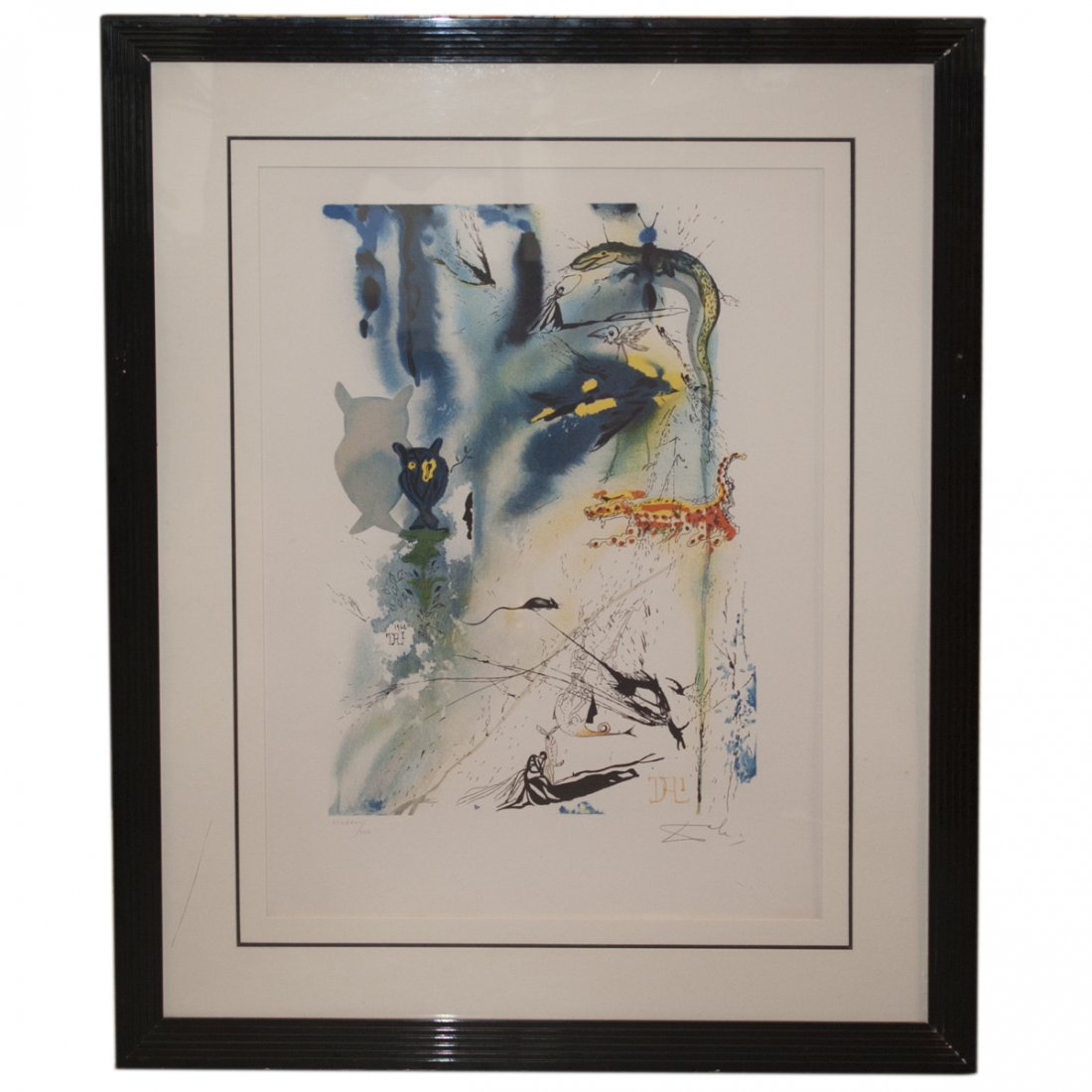 Salvador Dali Lithograph "Caucus Race and a Long Tale": DESCRIPTION:Salvador Dali lithograph from the Alice in Wonderland series titled "Caucus Race and a Long Tale" Features a rendering of a dream like scene with creatures, owls, birds, serpents, set in a