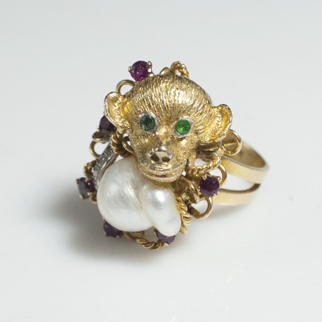 Gold & Emerald & Diamond & Garnet & Pearl Monkey Ring (1 of 5)