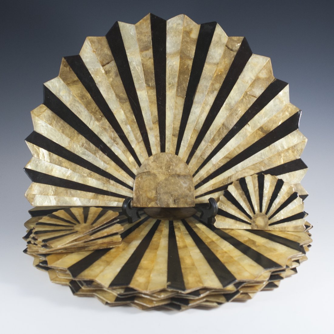 Vintage Hand Made Balos Coaster Set: DESCRIPTION: Set of 6 plate and 6 glass coasters designed in a shell silhoutte and decorated with mother of pearl in alternating colors. Stickered "Hand made in Philipines Balso 1980" CIRCA: 20th Ct.