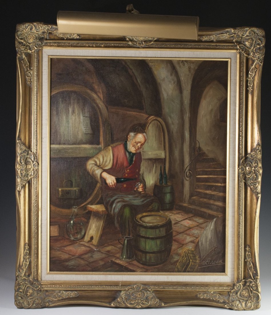 Signed Oil on Canvas Painting: DESCRIPTION: Signed oil on canvas painting titled:"The Wine Master". Features an elderly wine brewer in a cellar backed by wine barrels, pouring himself a glass. Signed "Larsen" on the bottom right co