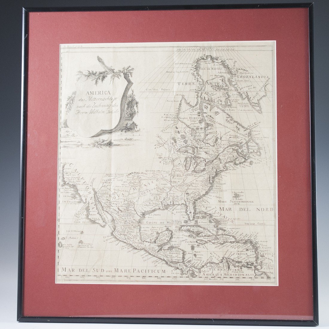 Herrn Wilhelm Delisle Map of America: DESCRIPTION: Antique map titled: America das Mitternachtige nach der Zeichnung des Herren Wilhem Delisle". Features the Southwest, east, and Eastern coast of North America, as well as Central America 