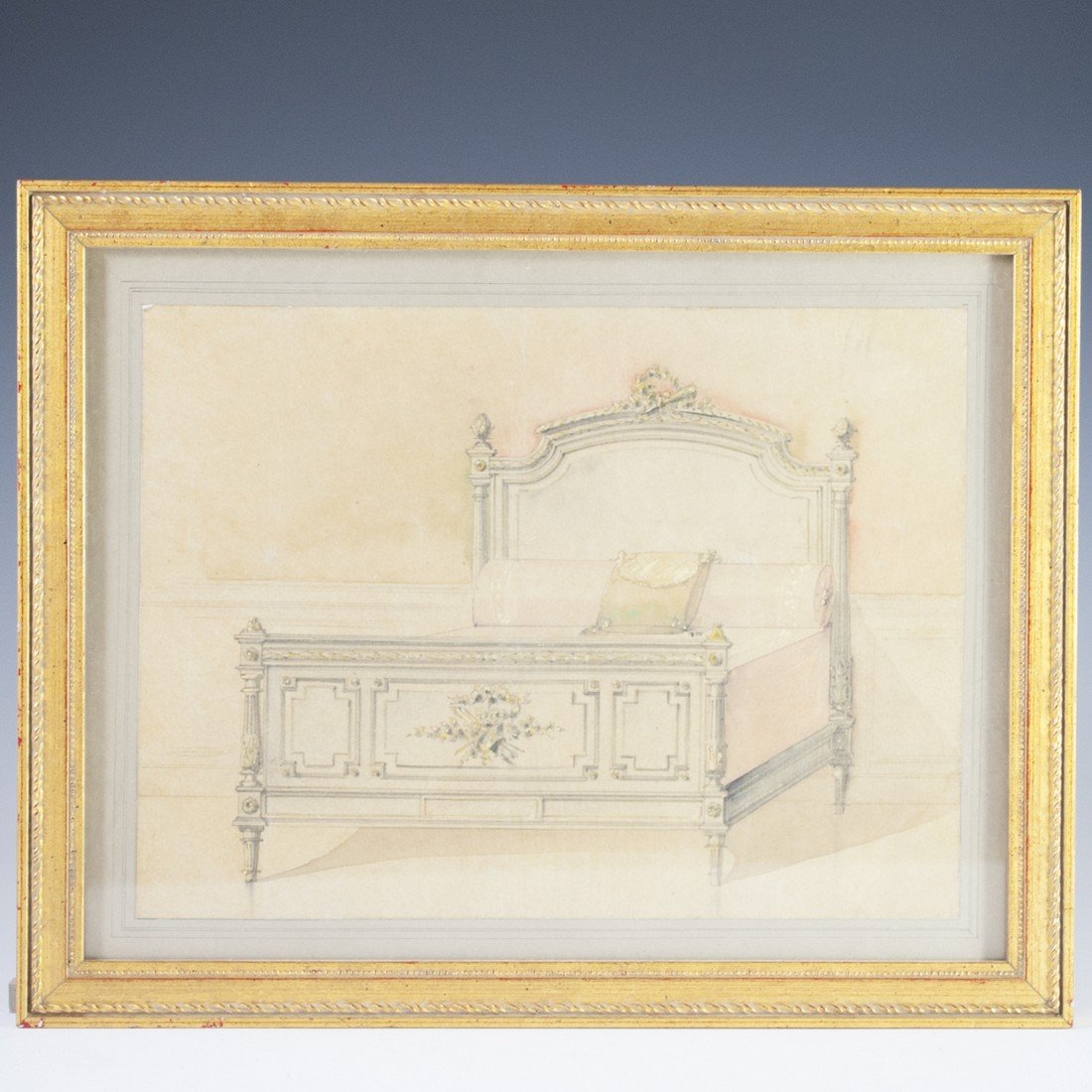 Antique Watercolor: DESCRIPTION: Antique watercolor of a Victorian era beddroom and elegant bed with ornate shadowing detail. On paper and unsigned. CIRCA: Late 19th-Early 20th Ct. ORIGIN: Unknown DIMENSIONS:With Frame: