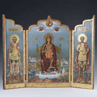 Russian Triptych Icon: DESCRIPTION: A russian triptych icon featuring archangels Michel, and Dmitry flanking the center rendering of Madonna and Child seated along a golden throne. Finished with gilded tirm and accents alon