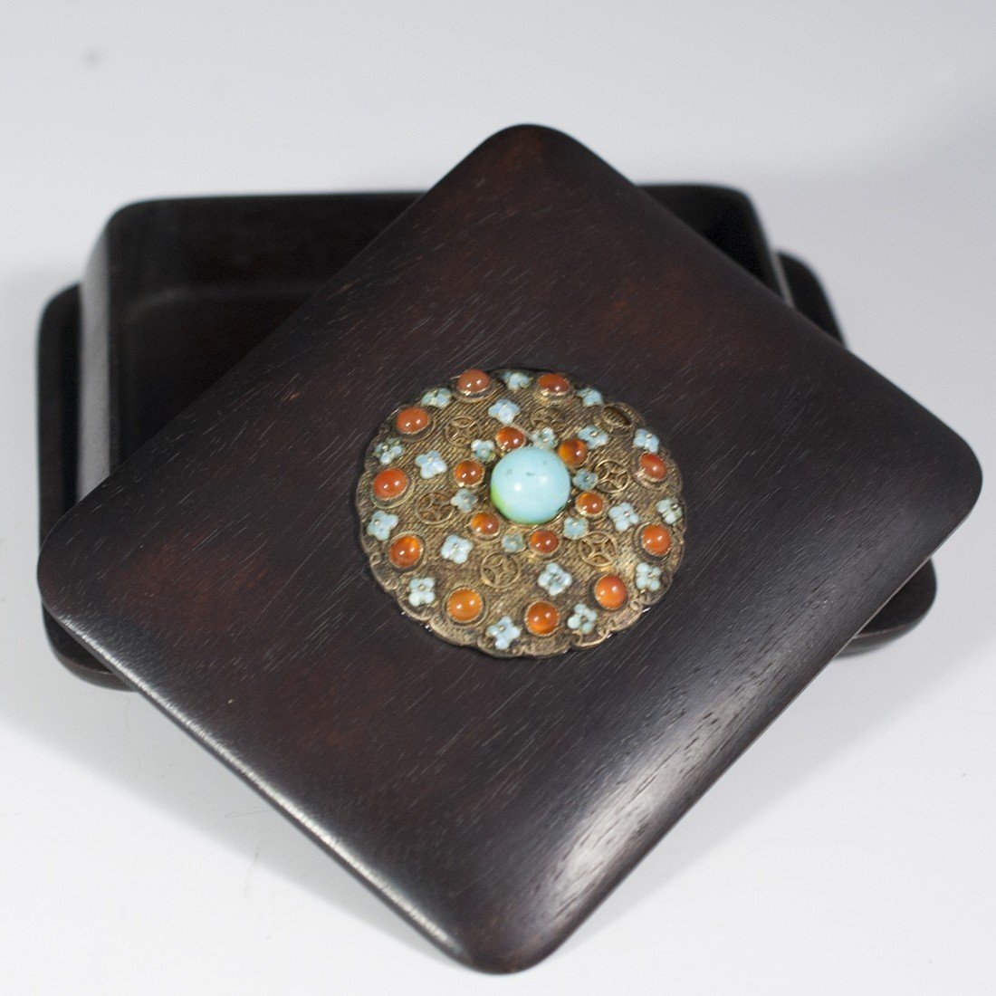 Chinese Teak & Silver Turquoise Enameled Box (1 of 2)