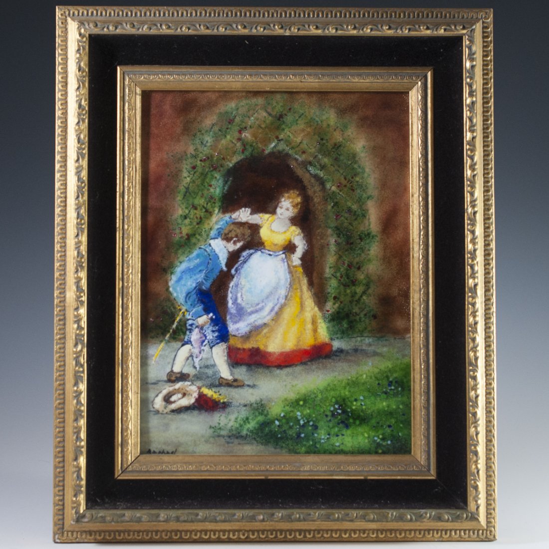 Enamel on Copper Signed "Raphael": DESCRIPTION: An enamel on copper rendering of a young man courting a young woman in a courtyard. Signed on the bottom left corner:"Raphael" and set in a gilded wood frame enveloped with burgundy velve