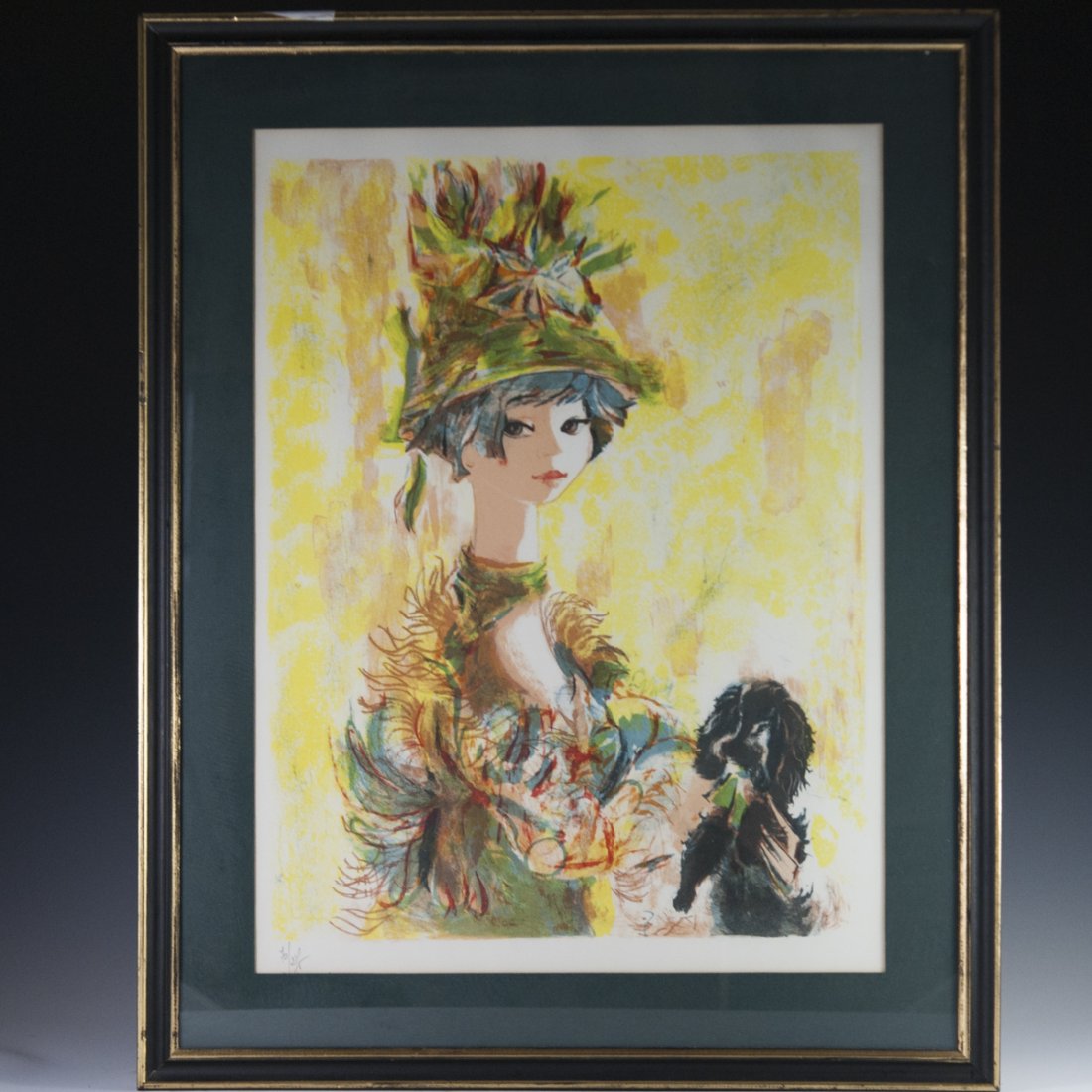 Henri Laville (FRENCH born 1916): DESCRIPTION: A lithograph by Henri Laville featuring a cartoon styled rendering of a woman holding a puppy, while dressed in vibrantly hued clothing and feathered hat. Backed by a vibrant yellow groun
