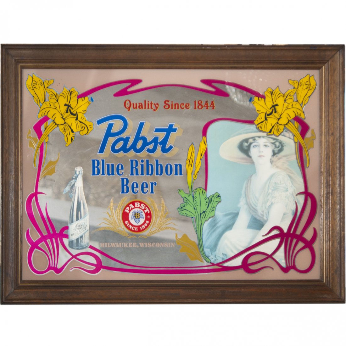 Antique Pabst Blue Ribbon Mirror: DESCRIPTION: An antique Pabst Blue Ribbon mirror. Features vibrantly hued swirled violet colored accents along with floral accents and an array of logos. Finished with a rendering of an elegantly dres