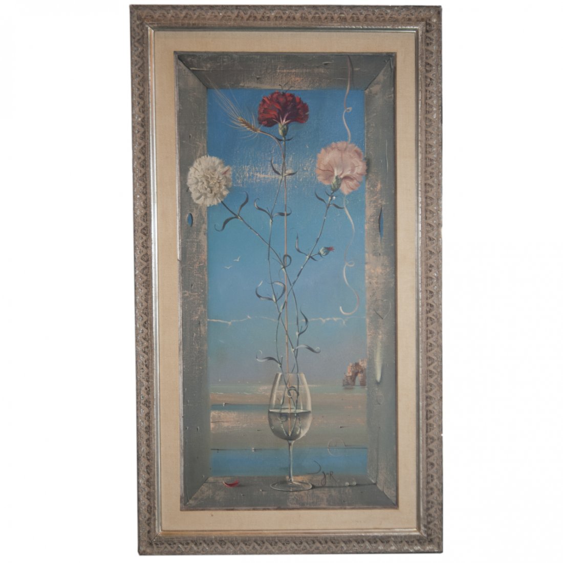 Igor Pantuhoff (Russian 1911-1972): DESCRIPTION: An original oil on canvas painting by Russian born artist, Igor Pantuhoff. Features a still life rendering of three flowers stemming from a wine glass filled with water along a window sil