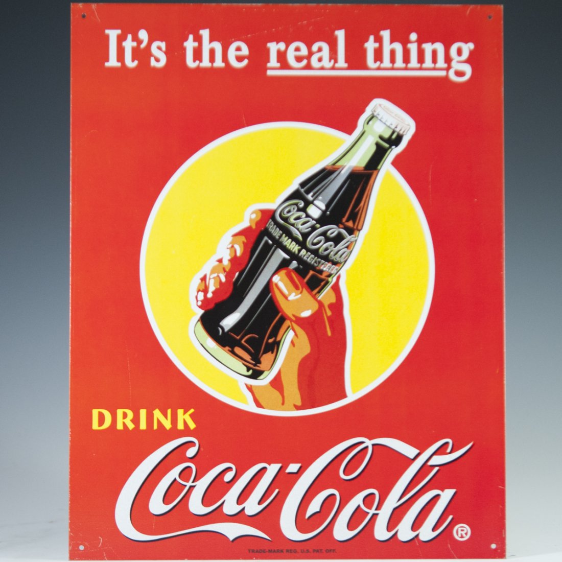 Coca Cola Aluminum Sign: DESCRIPTION: An aluminum Coca Cola sign. Features a rendering of a hand holding up a bottle of Coca Cola and an array of slogans. Finished with red backdrop. CIRCA: 20th Ct. ORIGIN: USA DIMENSIONS:H:1