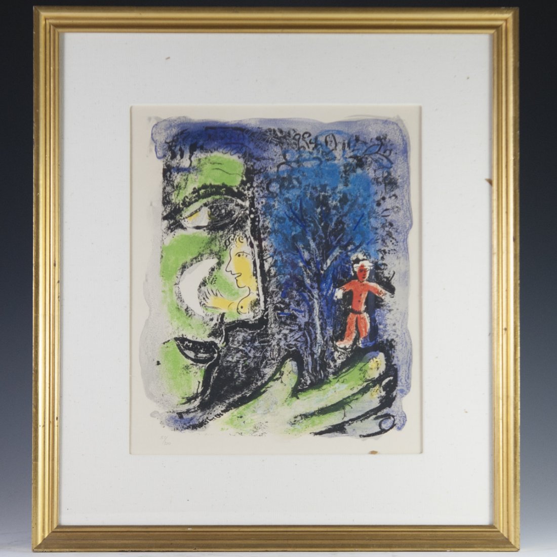 Marc Chagall (Russian 1887-1985) "Le Profil et L'enfant: DESCRIPTION: A lithograph titled "Le Profil er l'enfant Rouge" by Marc Chagall. Features abstract renderings of the profile of a nude woman illuminated by a crescent moon, and a young boy in a red hue