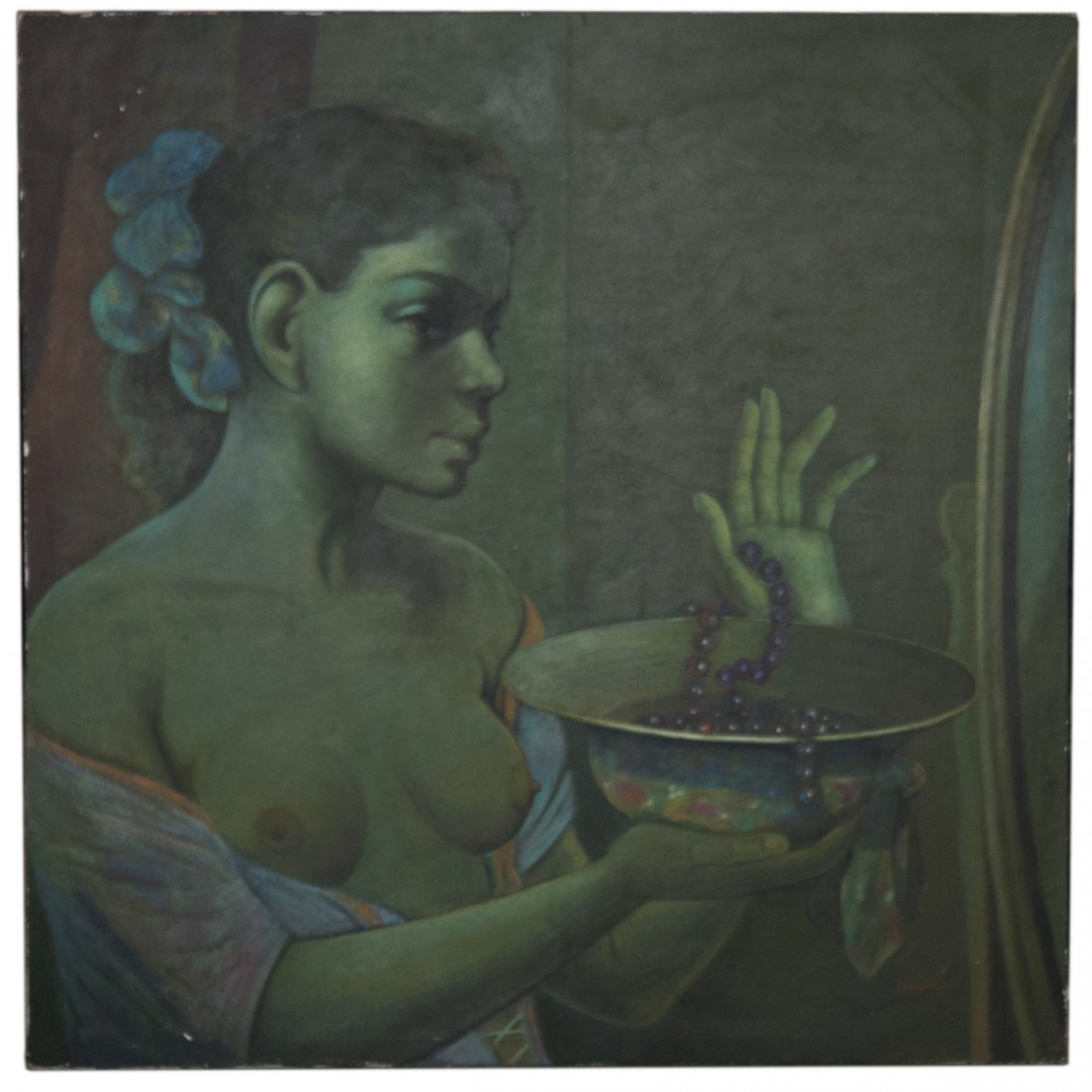 Jean Claude Legagneur (Haitian B. 1947-): DESCRIPTION: A large acrylic on canvas painting titled:"Nocturne" by Haitian artist, Jean Claude Legagneur. Features a beautiful nude woman presenting a bowl while observing a beaded necklace in a dim