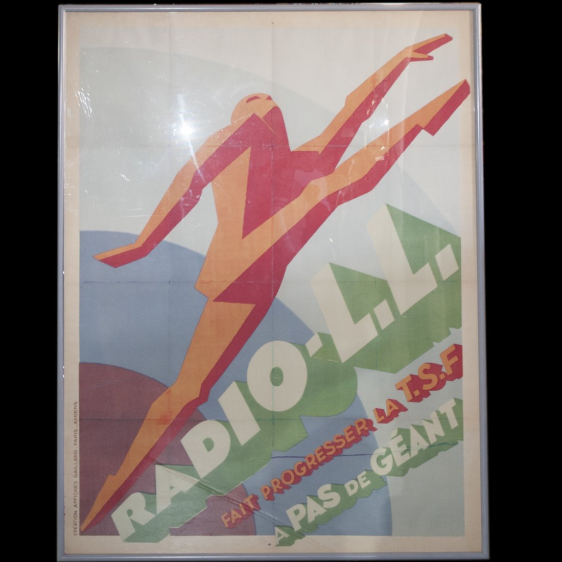 French Poster by Germain Faure (French b.1884): DESCRIPTION:French advertisement poster for Radio L.L. by Germain Faure. Features incredible vibrant hues of orange, red, lavender, and lime green with a dancer over the logo. Signed: "G. Faure" on th