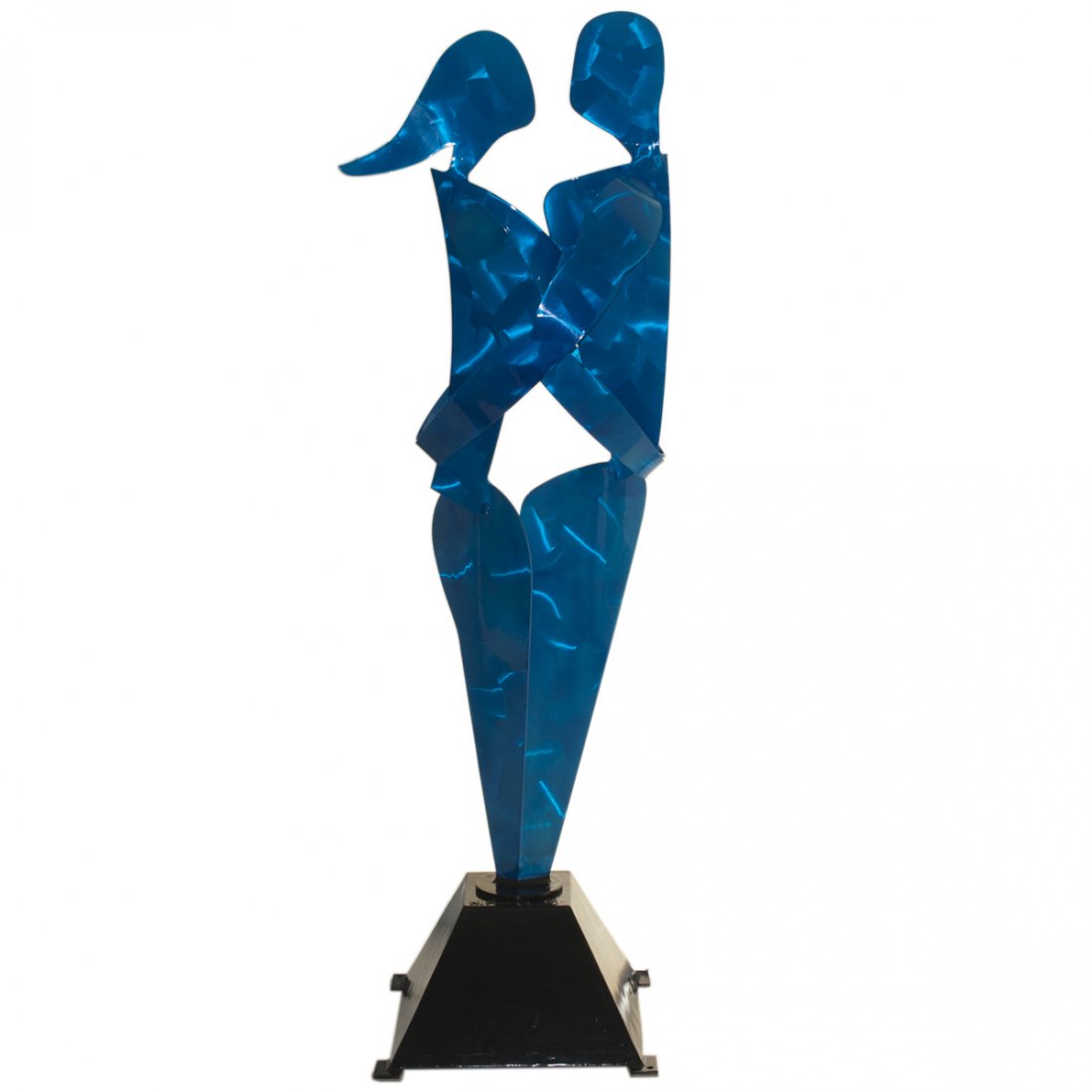 Niso Maman (American Israeli b.1957-): DESCRIPTION:Contemporary large sculpture by Niso Maman Titled: "Embrace". Features an abstract couple in a vibrant blue metallic hue, embracing one another. Signed on black base:"N. Maman C." CIRCA:20