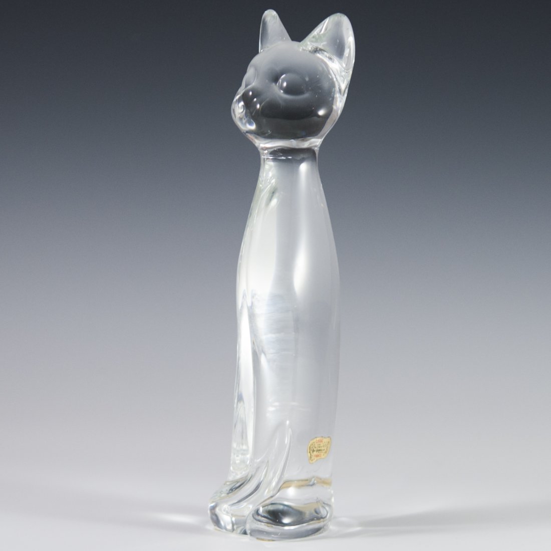 Cofrac Art Verrier Crystal Cat: DESCRIPTION: A Cofrac Art Verrier crystal figurine of a tall slender cat peering forwards. Marked:"Cofrac Art Verrier France". CIRCA: 20th Ct. ORIGIN: France DIMENSIONS:H:10.5" L:2.5" W:3" CONDITION: 