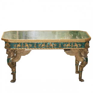 Russian Imperial Style Dore Bronze Malachite Table: DESCRIPTION: A Russian Imperial style Foyer table. Features a thin layer of malachite overlaid atop a marble slab, enveloped with dore bronze overlapping rosettes. Top rests along gilded bronze female