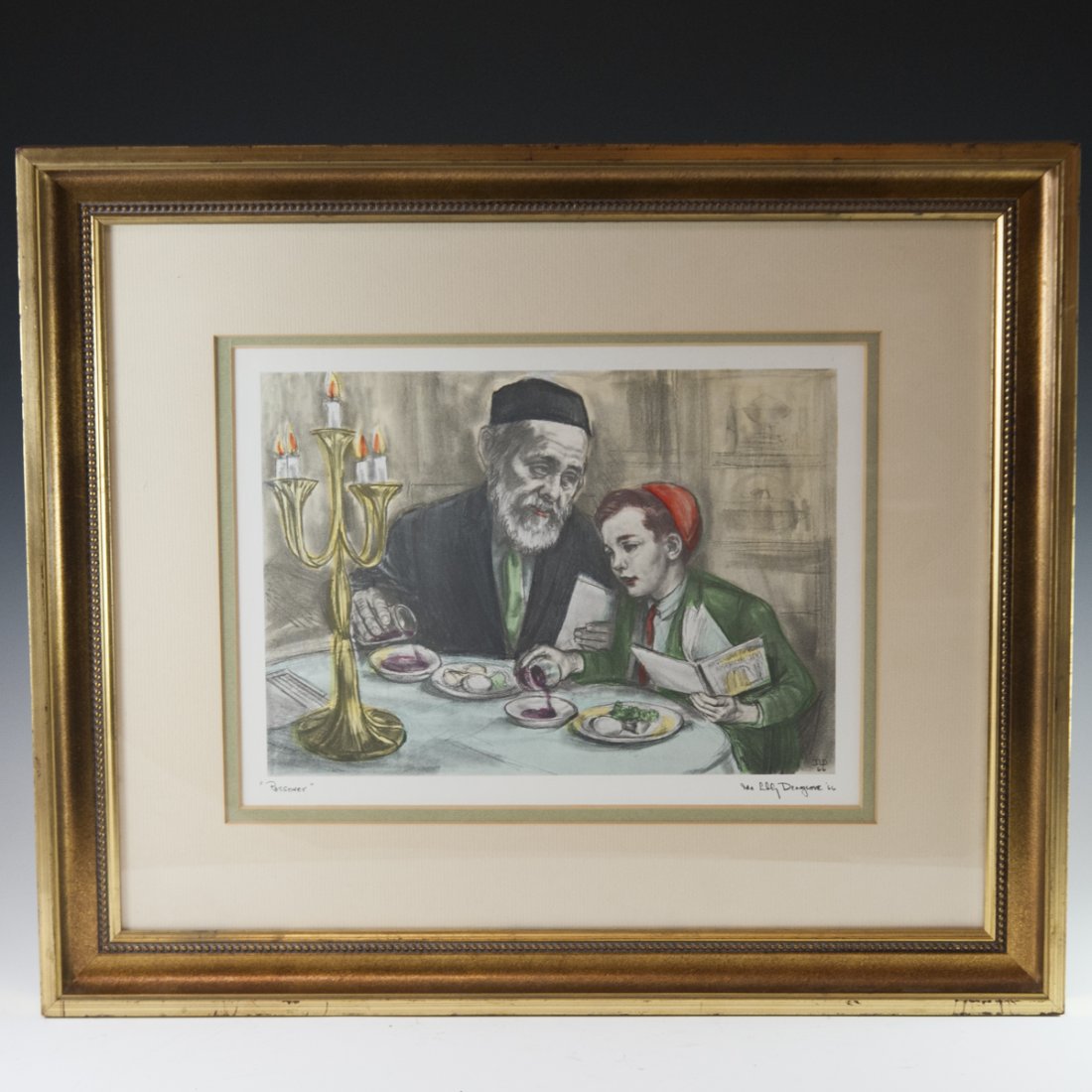 Judaica Pastel Painting Signed:"Ida Lily Denglove": DESCRIPTION: A Judaic pastel on paper titled:"Passover". Features a scene of a father and son at the PAssover table pouring cups of wine into a bowl as they read from a Haggadah. Signed:"Passover Ida 