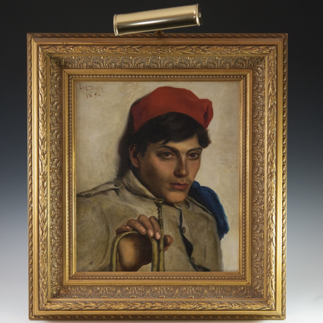 Antique Oil on Canvas Signed:"Lily Shippy": DESCRIPTION: An antique oil on canvas portrait of a young soldier, bugle player leaning against a wall holding his instrument, whilst gazing off into the distance emotionless. Set in a rococo gilded w